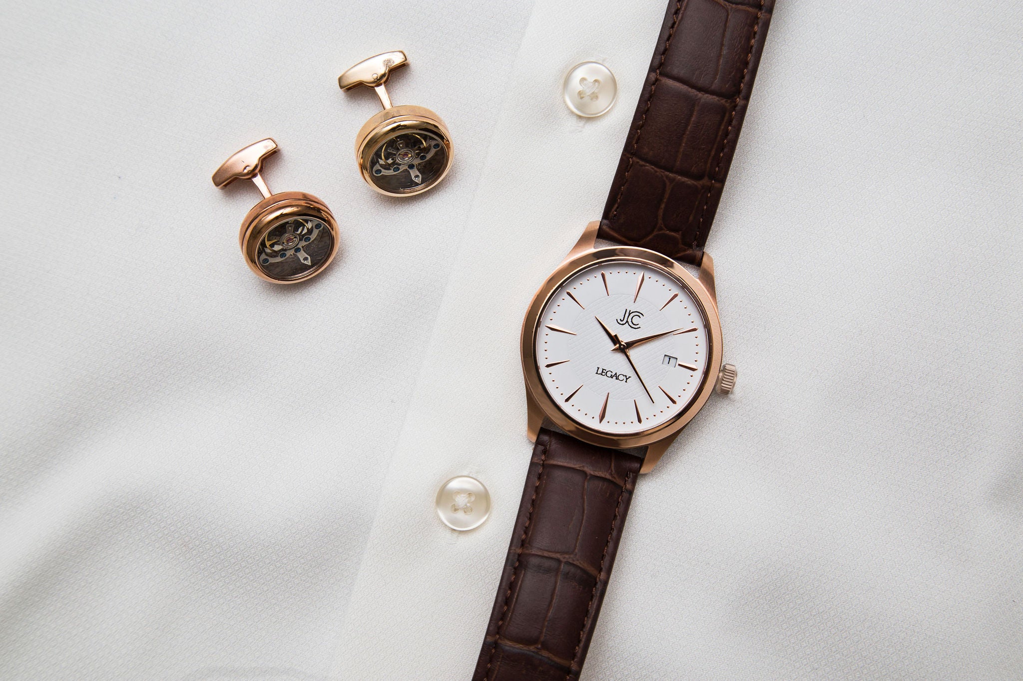 J.Ciro Legacy Rose White Watch with Brown Leather Strap