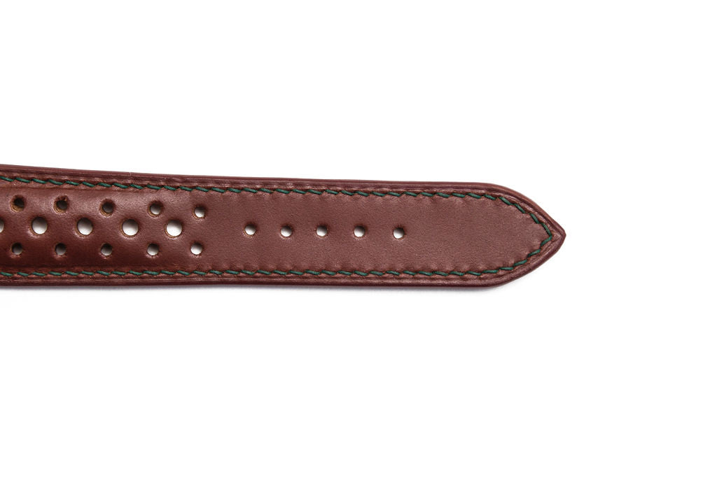 Brown Leather Rally Strap with Green Accent Stitching
