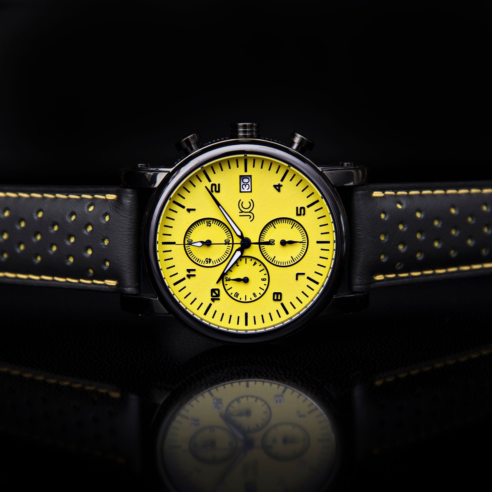 S3 Black Leather Yellow Stitch Watch Strap - LONG