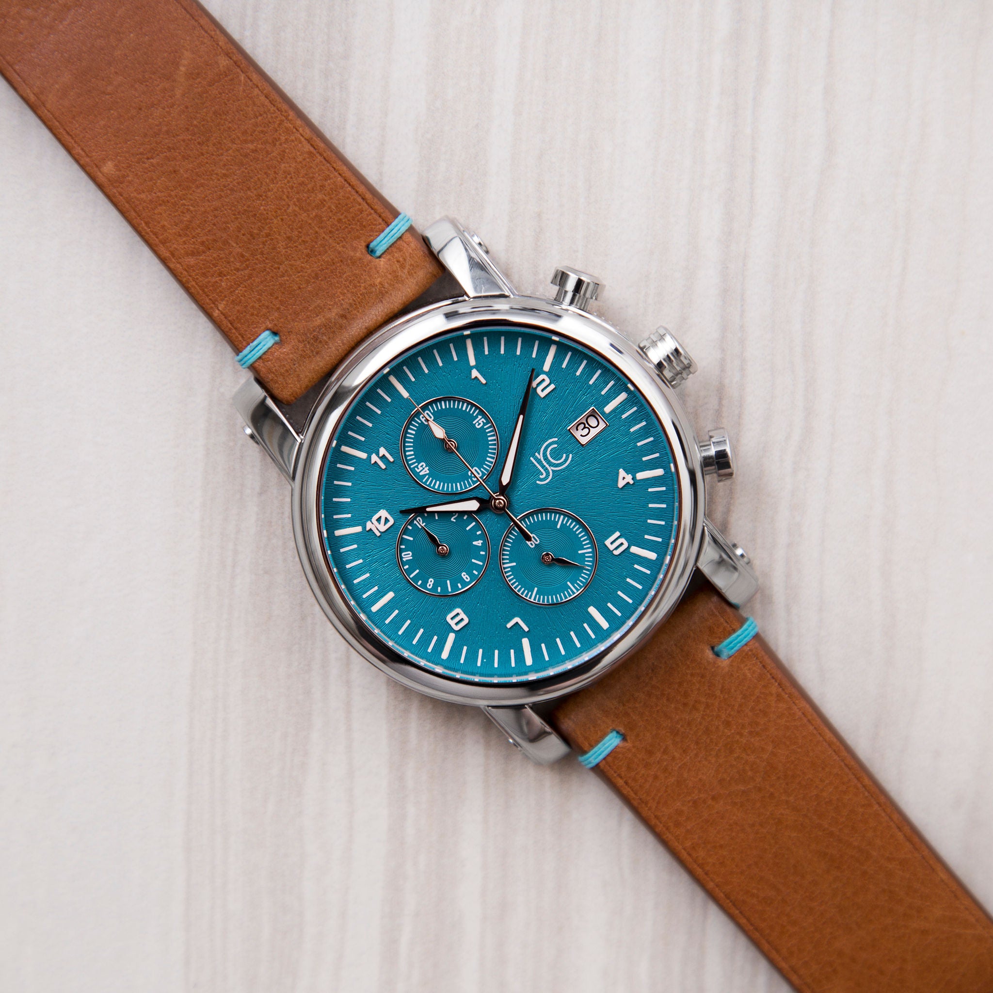 S3 Light Brown Leather Teal Stitch Watch Strap