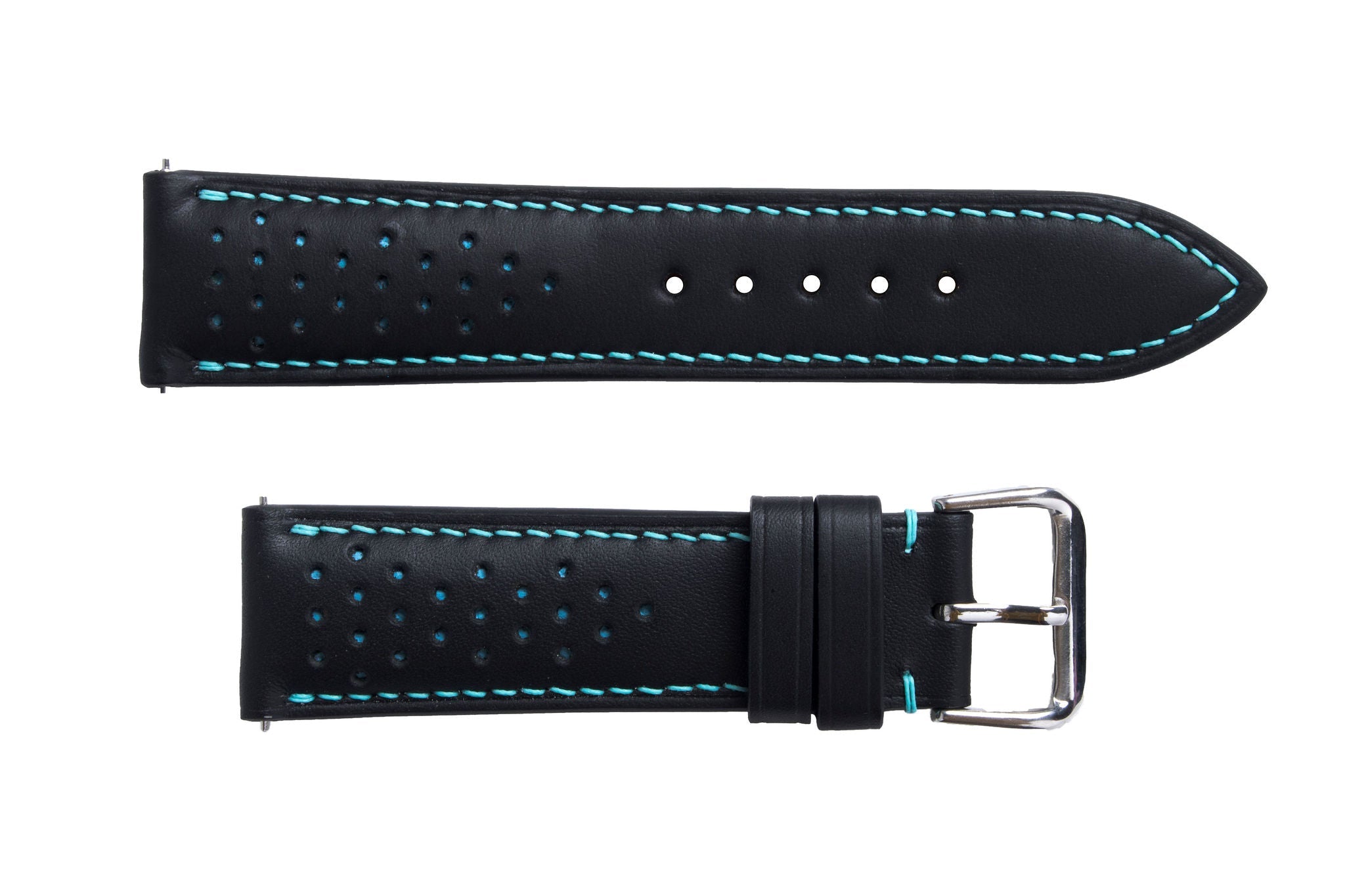 S3 Black Leather Blue Stitch Watch Strap - LONG