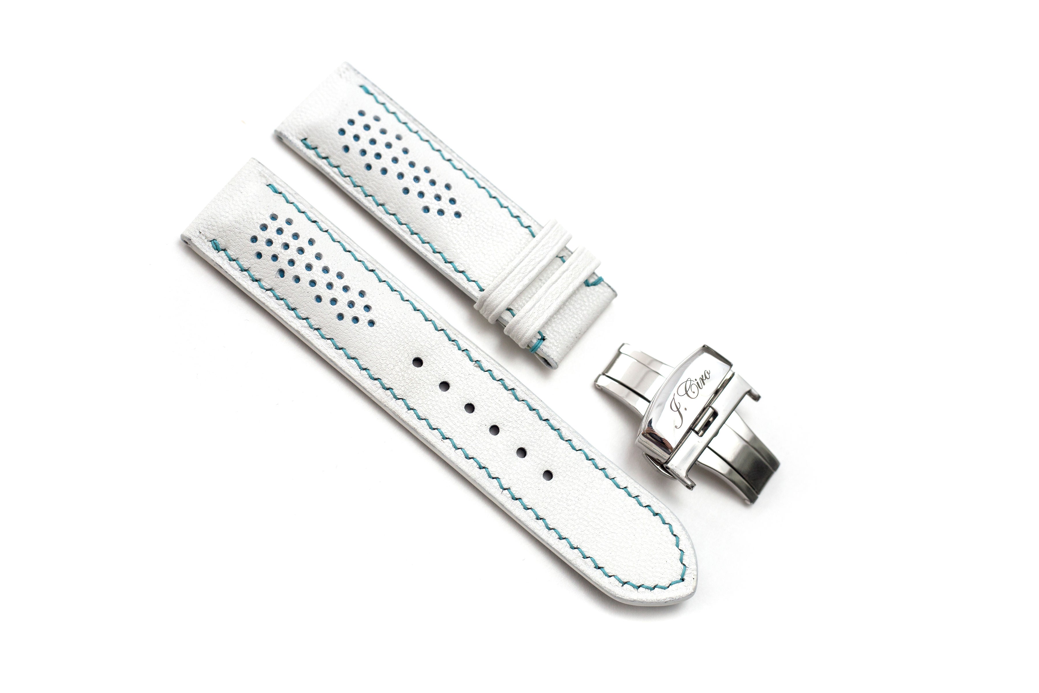 Limited Edition: White Leather Watch Strap, Blue Stitch, Butterfly Clasp