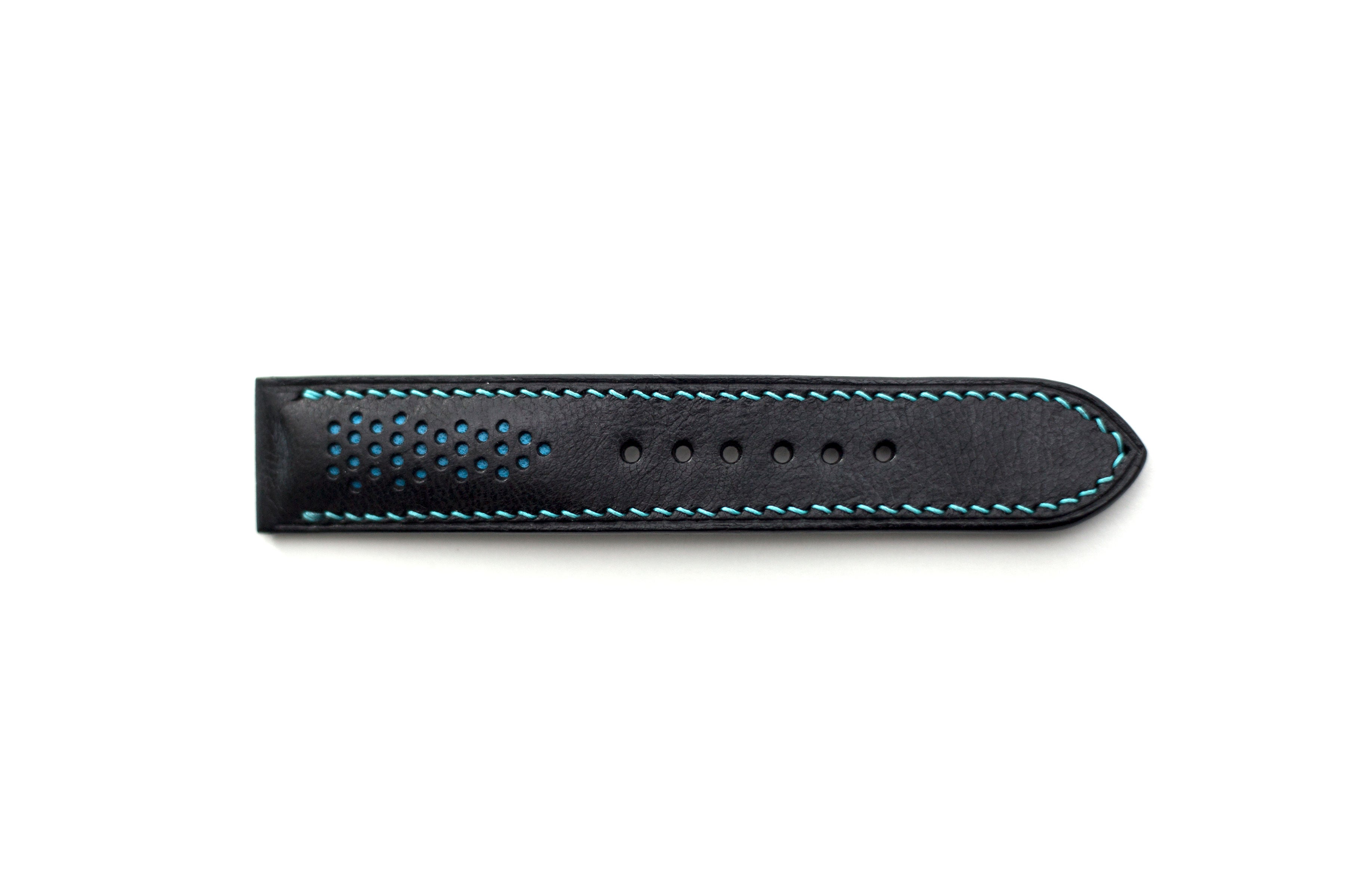 Limited Edition: Black Leather Watch Strap, Blue Stitch, Butterfly Clasp