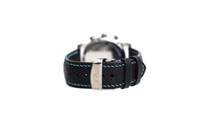 Limited Edition: Black Leather Watch Strap, Blue Stitch, Butterfly Clasp