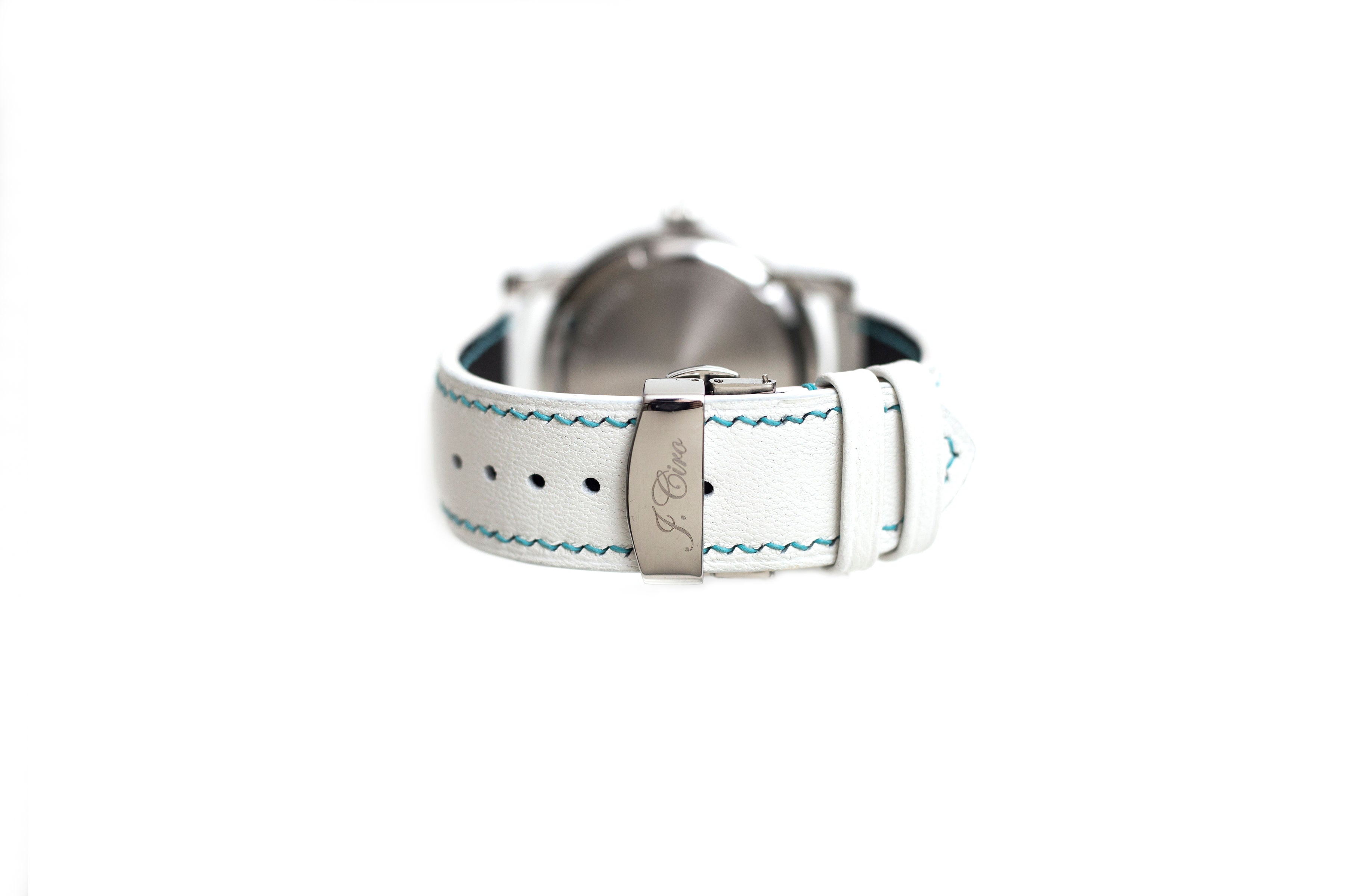 Limited Edition: White Leather Watch Strap, Blue Stitch, Butterfly Clasp